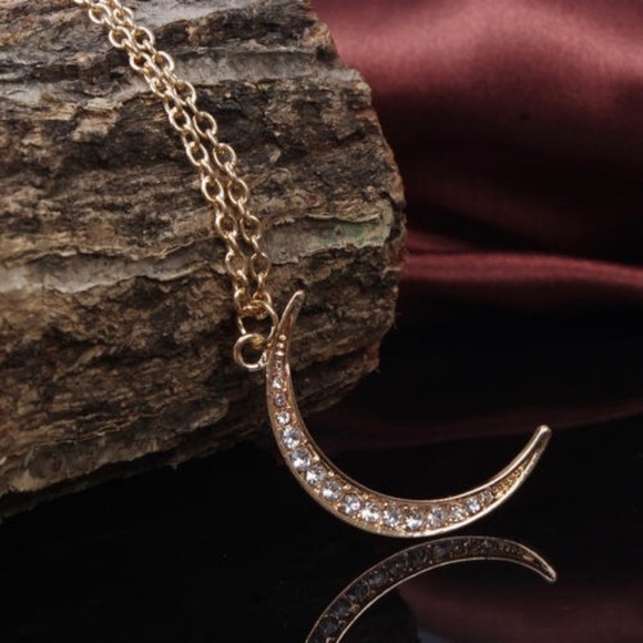 Gold Crescent Moon Necklace W/ Pretty Rhinestones - Picture 6 of 6